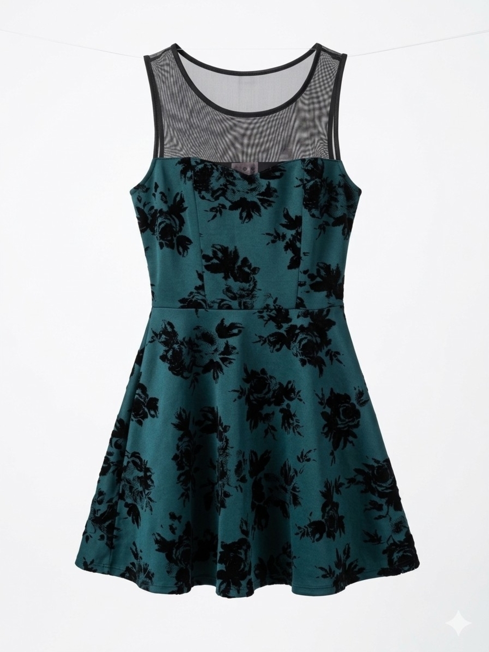 Teal Floral Burnout Mini Dress with Black Mesh Yoke